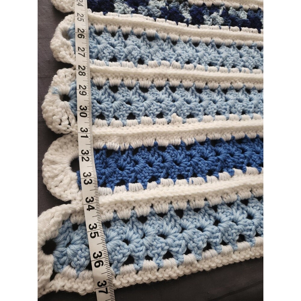 Vintage Handmade Crochet Afghan In Shades of Blue with White Edging 36x60